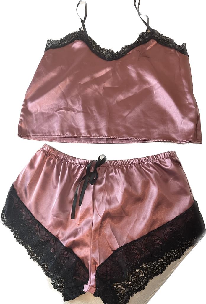 Satin Contrast Lace Lingerie Set