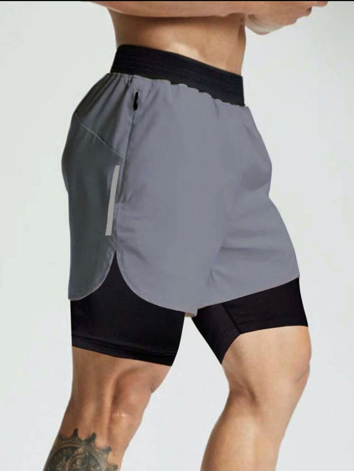 Men Reflective Tape 2 in 1 Sports Shorts