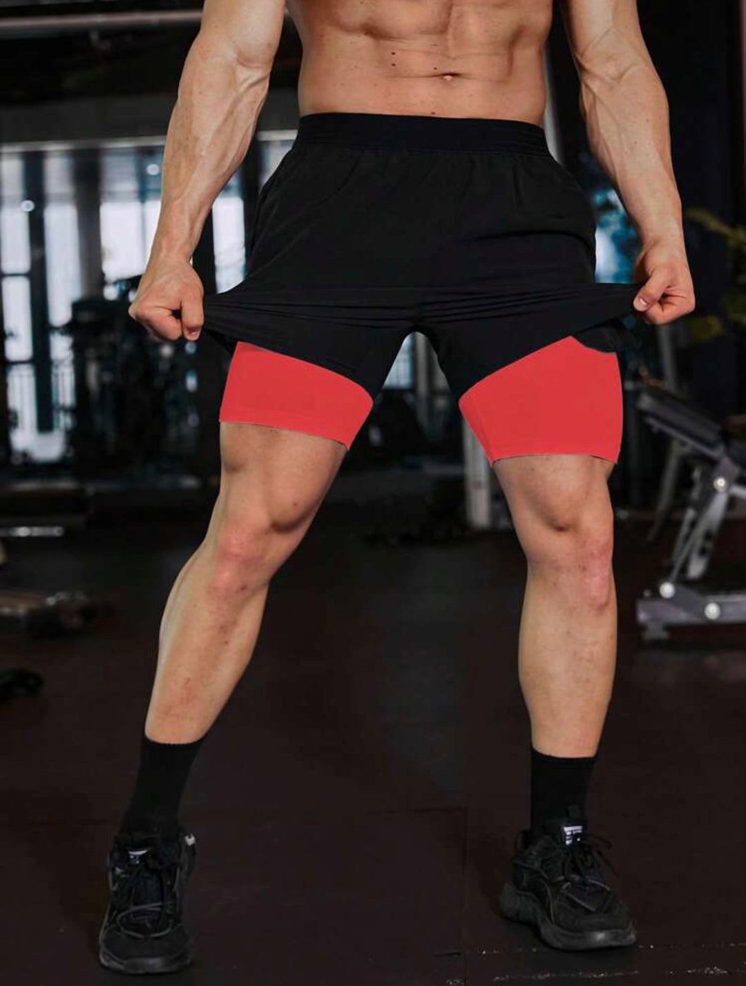 Men Reflective Tape 2 in 1 Sports Shorts