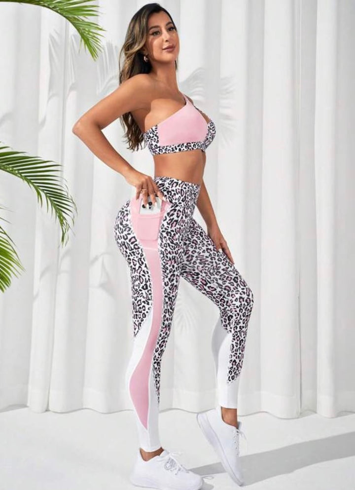 Leopard Print One Shoulder Cut 2pcs Sports Wear